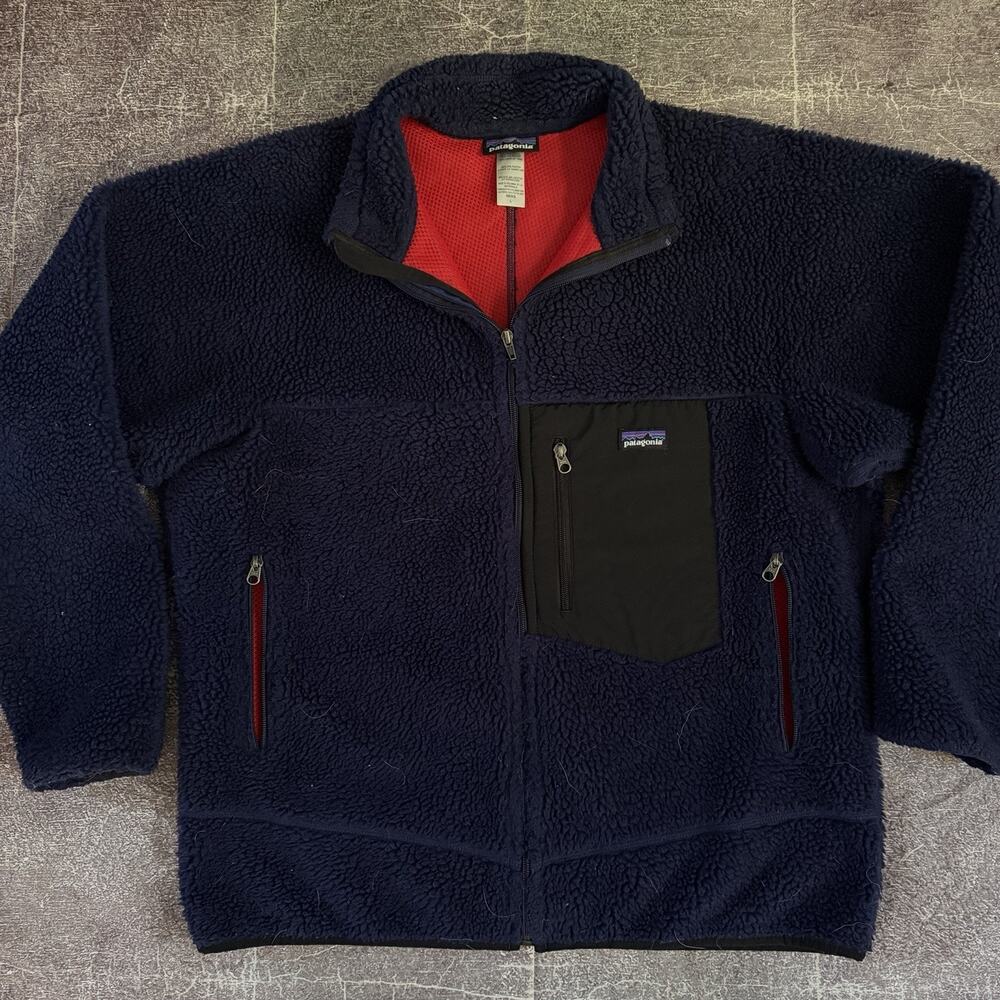 Mens Patagonia Classic Retro X Deep Pile Navy Blue Red Zip Up Bomber Jacket Sz L